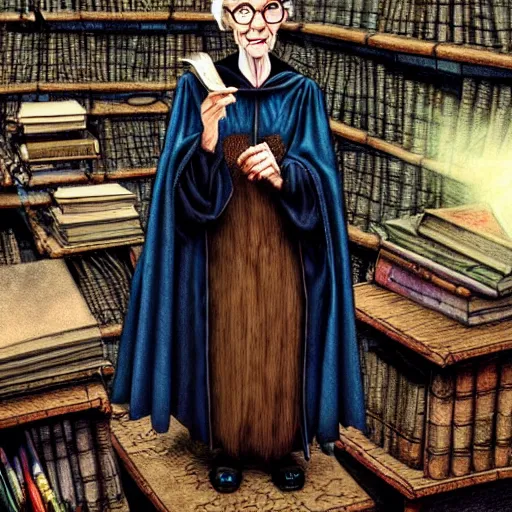 Image similar to Granny Weatherwax as a rigorous professor in Hogwarts School of Witchcraft and Wizardry, detailed, hyperrealistic, colorful, cinematic lighting, digital art by Paul Kidby and Jim Kay