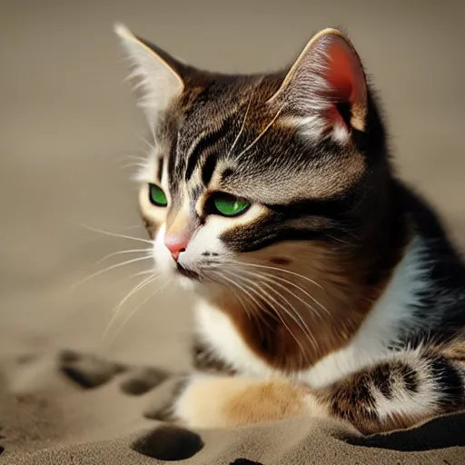 Image similar to realistic photo of a cute cat chilling out on the beach