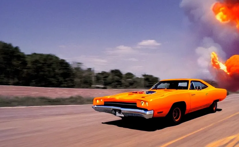 Prompt: a orange 1 9 7 0 plymouth road runner superbird driving high speed, fire explosion in the background, action scen. blue sky realistic. high resolution. dramatic