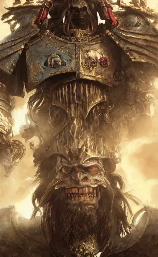 Prompt: warhammer 40k Emperor of Mankind, half-length portrait, <perfect beautiful face>, long hair, illustration, fine details, cinematic, highly detailed, octane render