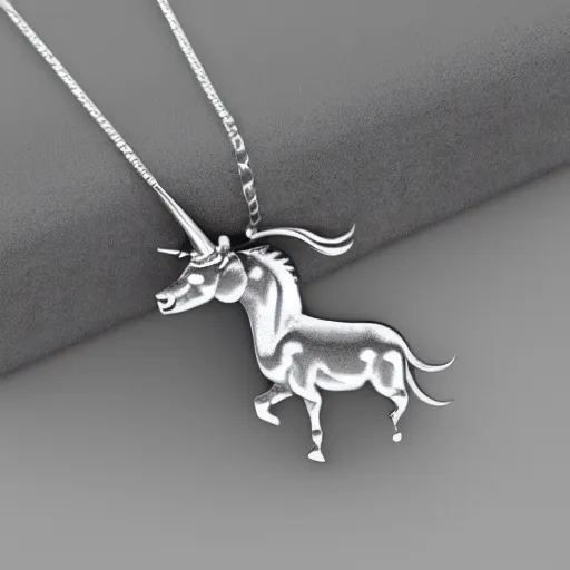 Image similar to a cute silver unicorn necklace pendant, 3 d rendering, elegant, noble, stylish