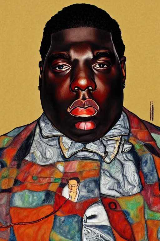 Image similar to a portrait of biggie small in style of egon schiele, masterpiece, hyperdetailed, complex, intricate, 4 k, trending on artstation