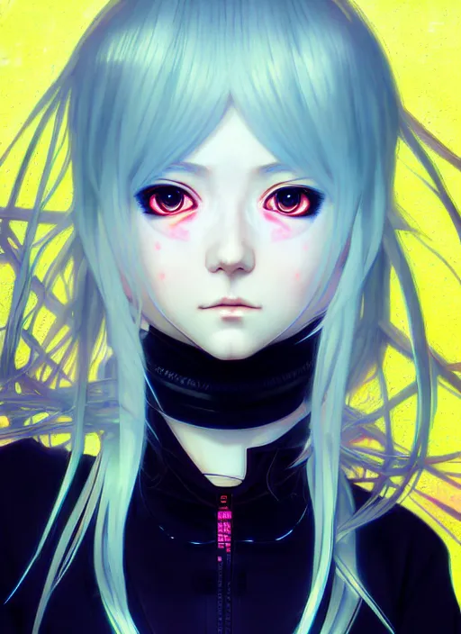 Image similar to portrait Anime girl cyberpunk, cute-fine-face, white-hair pretty face, realistic shaded Perfect face, fine details. Anime, cyberpunk. realistic shaded lighting by Ilya Kuvshinov and Gustav Klimt