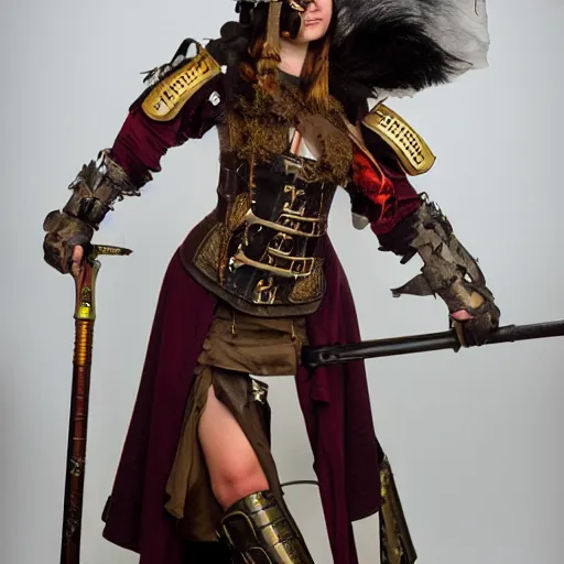 Prompt: full shot photo of a steampunk female warrior with flaming sword