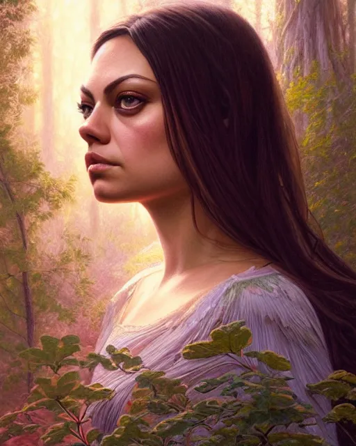 Image similar to symmetry portrait of mila kunis princess, forest background, intricate, elegant, highly detailed, digital painting, artstation, concept art, smooth, sharp focus, illustration, art by artgerm and greg rutkowski and fra angelico and alphons mucha