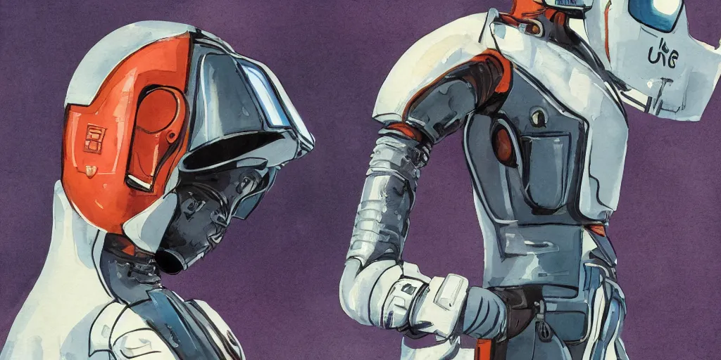 Image similar to female, full body, wide shot, modern space suit, intriguing helmet, stylized character design, the expanse tv series, large shoulders, short torso, long thin legs, tiny feet, science fiction, hyperdetailed, technical suit, dieselpunk, watercolor digital painting, in the style of bruce timm, by alex maleev