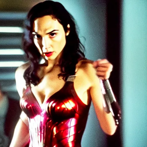 Prompt: Live Action Still of Gal Gadot in Pulp Fiction, real life, hyperrealistic, ultra realistic, realistic, highly detailed, epic, HD quality, 8k resolution, body and headshot, film still