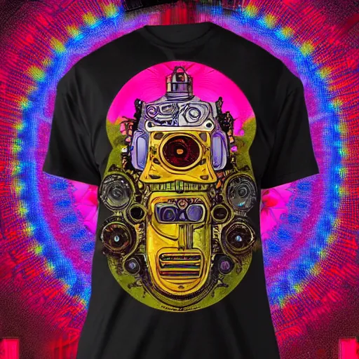 Prompt: mockup of a tshirt with a hyperdetailed portrait of a steampunk robot on lsd, 8 k, symetrical, flourescent colors, trippy mood, multicolored,