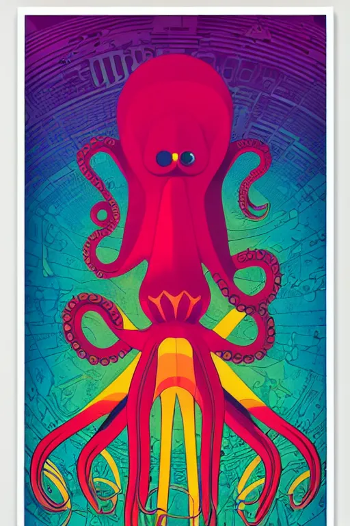Image similar to a 6 0 s art deco octopus with the interior of an international space station fuill of electronic equipment, poster art by milton glaser, kilian eng, moebius, behance contest winner, psychedelic art, concert poster, poster art, maximalist