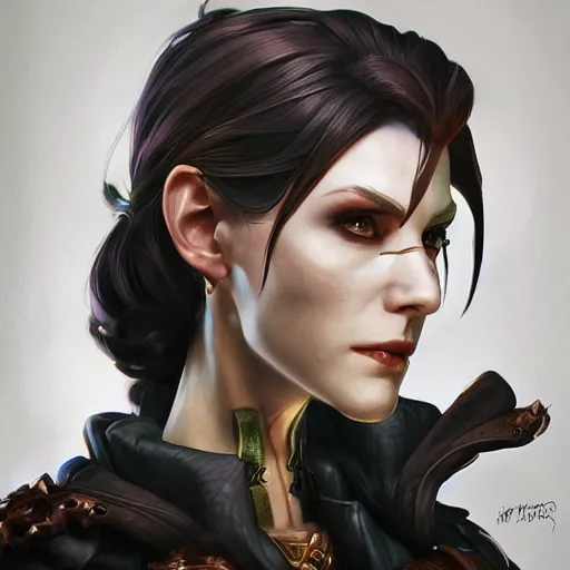 Image similar to dark fantasy character portrait of Moira from Overwatch, dystopian mood, intricate, wild, highly detailed, digital painting, artstation, upper body, concept art, smooth, sharp focus, illustration, art by artgerm and greg rutkowski and alphonse mucha