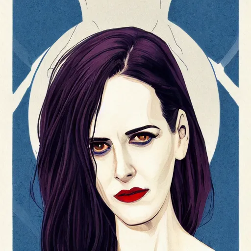 Image similar to Phil Noto comic art, wide shot, stunning elegant female Eva Green, Indigo Magician, beautiful evil sneer, symmetrical face, symmetrical eyes, leather clothing and boots, long straight red hair, full body, Indigo occult pattern