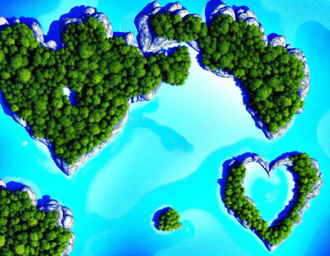 Image similar to realistic wide angle photograph of exotic tree heart / shaped island with blue lagoon, tranquil scene, trending on artstation, featured on pixiv