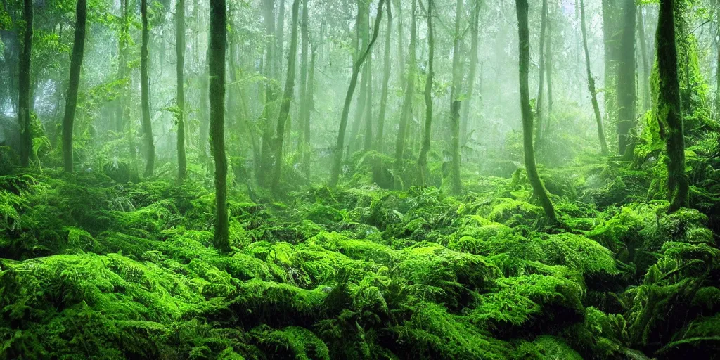 Prompt: deep lush forest floor with dark green and blue ferns and moss, droplets of crystal clear water on the leaves, rays of sunlight coming through the clouds after rain, magical fairytale, sparkling particles, magical dust, glitter shimmering in the light