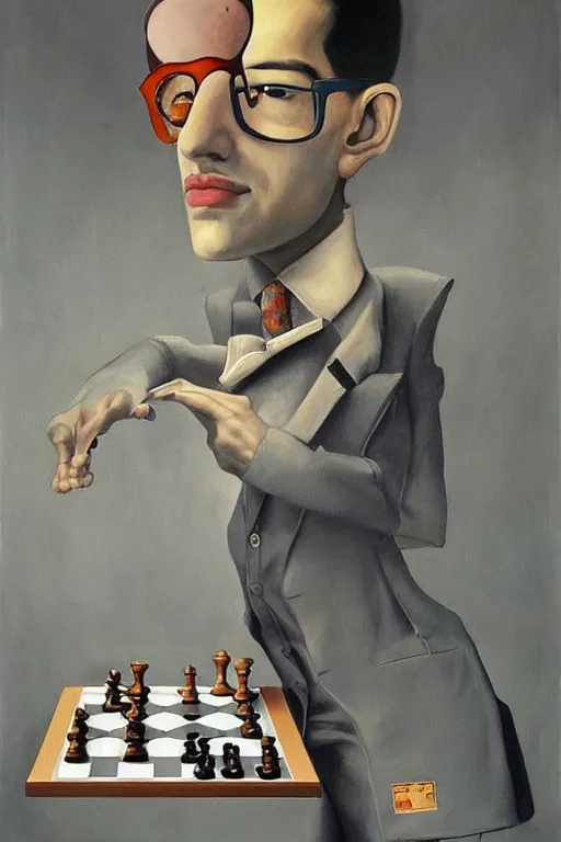 Prompt: a painting of anish giri as chess theoretician pondering over a chess board, a surrealist painting by james jean, trending on cgsociety, pop surrealism, androgynous, grotesque, angular