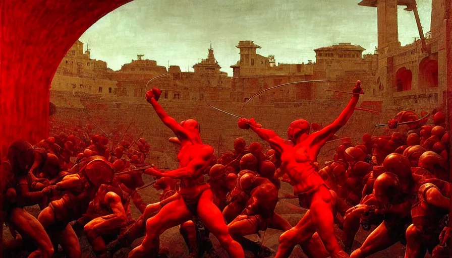 Image similar to only with red, a lightly armored gladiator in a crowded roman amphitheatre, crowd cheering, in the style of beksinski and edward hopper and rodcenko and yue minjun and artgerm, intricate and epic composition, red by caravaggio, highly detailed, masterpiece, red light, artstation