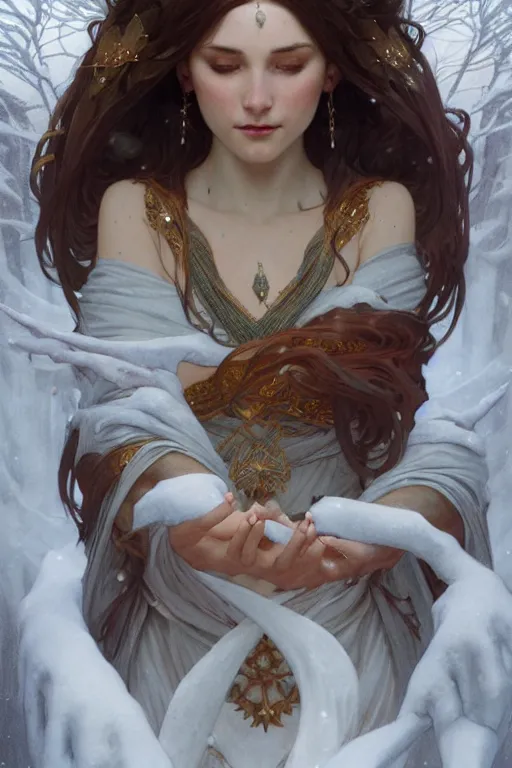 Image similar to goddess of winter solstice, only two hands, highly detailed, digital painting, artstation, concept art, smooth, sharp focus, illustration, unreal engine 5, 8 k, art by artgerm and greg rutkowski and edgar maxence and alphonse mucha