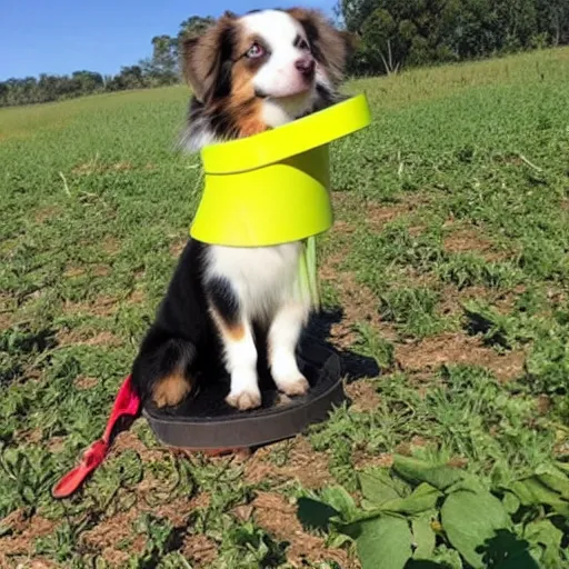 Image similar to a mini australian shepard wearing rubber boots! while picking strawberries