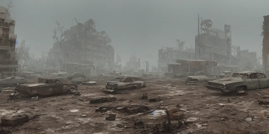 Prompt: wide angle shot of dilapidated fallout 5 city in real life, desolate dilapidated town, empty streets, nightmarish, some rusted retro futuristic fallout style parked cars, overcast, blankets of fog pockets, rain, volumetric lighting, beautiful, daytime, autumn, sharp focus, ultra detailed, cgsociety