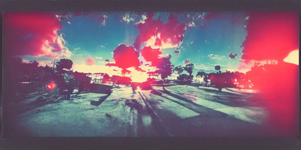 Prompt: analog polaroid photograph of a chrome android, sheen, red reflections, unreal engine, azure sky, big clouds visible, sunlight, reflection, sparkles, lensflare, film grain, depth of field, color bleed