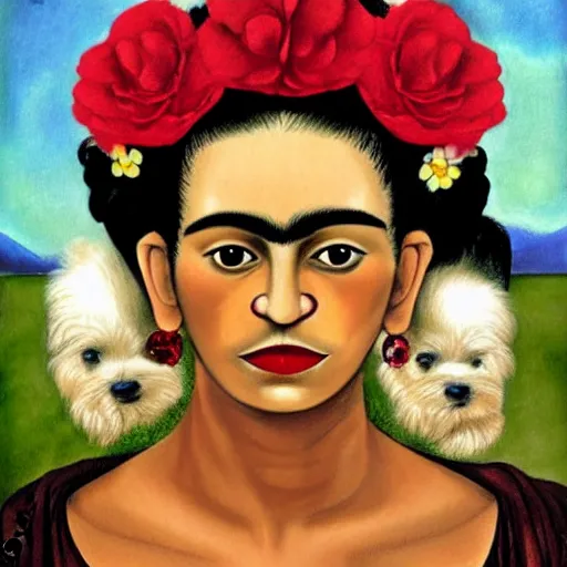 Prompt: a cream colored havanese dog as frida kahlo, portrait by frida kahlo