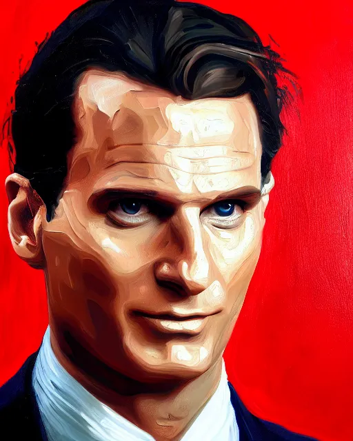 Image similar to oil painting portrait of patrick bateman, serbian flag background, cinematic lighting, high production value, intricate details, high resolution, hdr, high definition, masterpiece, realistic, ultrarealistic, highly detailed, hd, sharp focus, non blurry, sharp, smooth