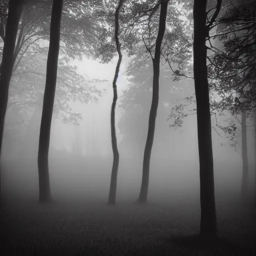 Image similar to deep misty forest with black hairy demon behind the tree, monochrome lomography