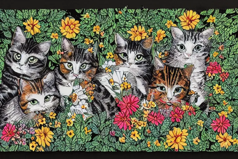 Image similar to detailed intricate ink illustration, a group of cat playing in a garden of flowers, a mix media painting by Sandra Chevrier