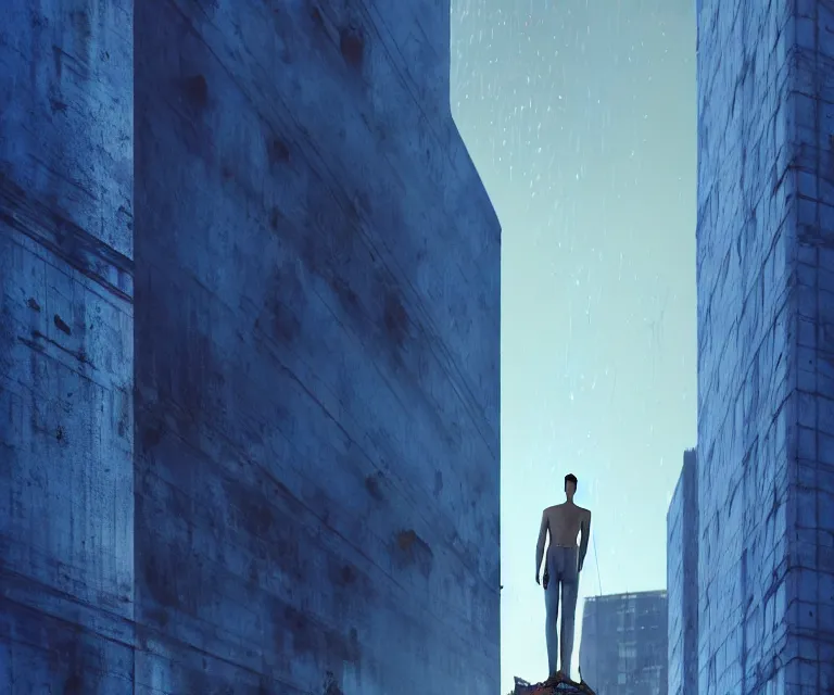 Prompt: tall man consisting of blue translucent shiny material and many sparse steel stripes, standing in huge ruins in the evening. extremely high details, solo, masterpiece, photorealistic, hyperrealism, cinematic, fantasy, octane render, volumetric lighting, depth of field, bokeh, cgsociety by vincent desiderio, shaun downey, daniel e. greene, ed binkley