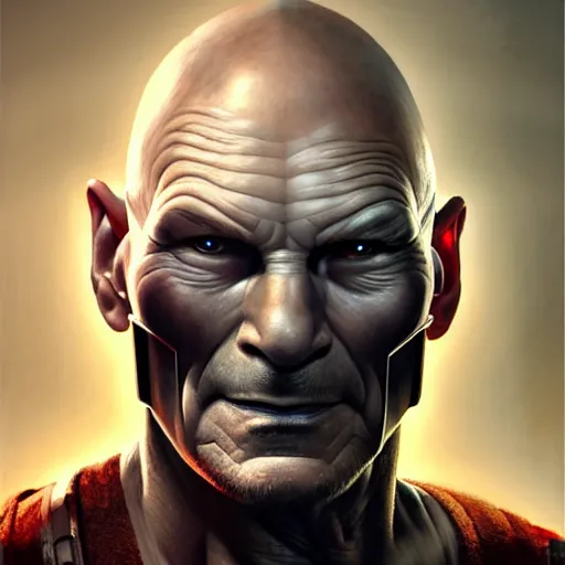 Prompt: portrait painting of a cyberpunk orc doctor muscular patrick stewart, ultra realistic, concept art, intricate details, eerie, highly detailed, photorealistic, octane render, 8 k, unreal engine. art by artgerm and greg rutkowski and charlie bowater and magali villeneuve and alphonse mucha