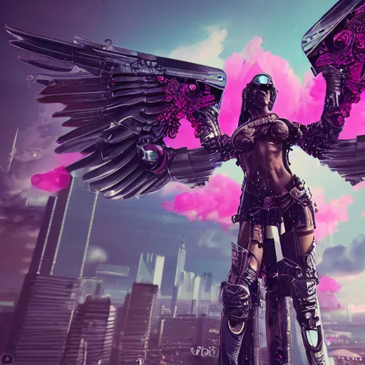 Prompt: cyberpunk valkyrie with wings flying over a city, cyberpunk future, pink flowers scattered around, metal, armor, pink details, high detail, tarot card detailing, ornate,