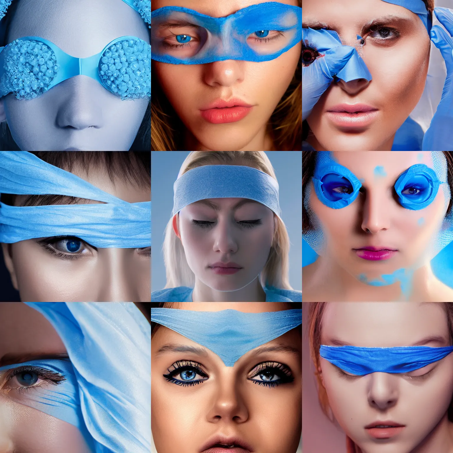 Prompt: beautiful extreme closeup portrait photo in style of frontiers in human blindfold molecular science fashion magazine blue gauze blindfold edition, highly detailed, soft lighting