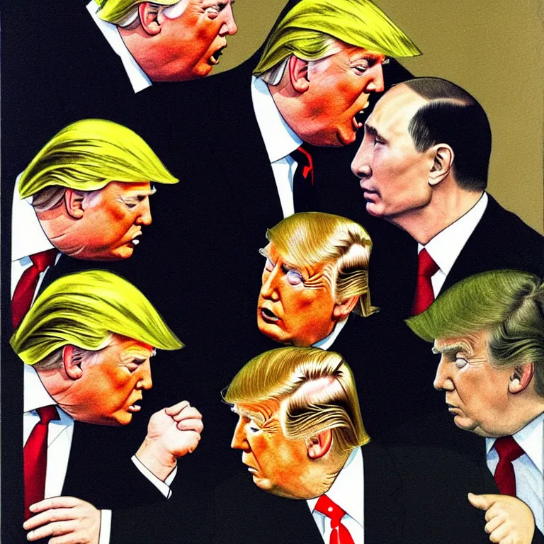 Image similar to putin and trump ftaternal kiss, art by dmitri vrubel