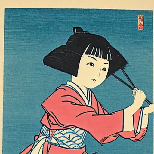 Prompt: Japanese woodblock print of real girl dora the explorer, hokusai