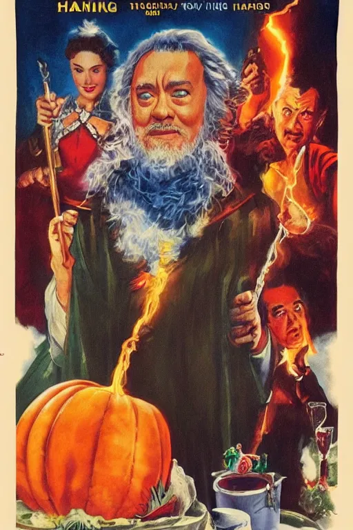 Image similar to vintage movie poster hanksgiving, tom hanks, turkey, a wizard, lightning, 1 9 8 2, drew struzan inspiration