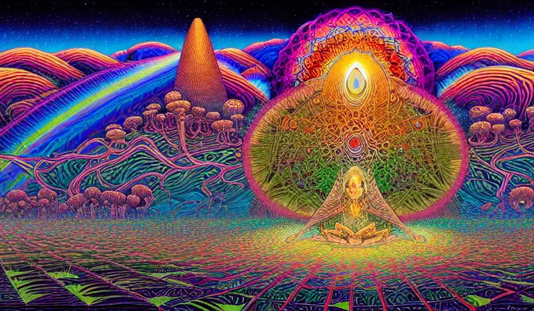 Image similar to an expansive rendering of beautiful and complex interwoven spiritual connection between all beings by dan mumford, by jim fitzpatrick, by joe wilson, by jim burns, by victo ngai, by jacek yerka, surrounded with colorful magic mushrooms and rainbowcolored marihuana leaves, insanely integrate, featured on deviant art, trending on artstation