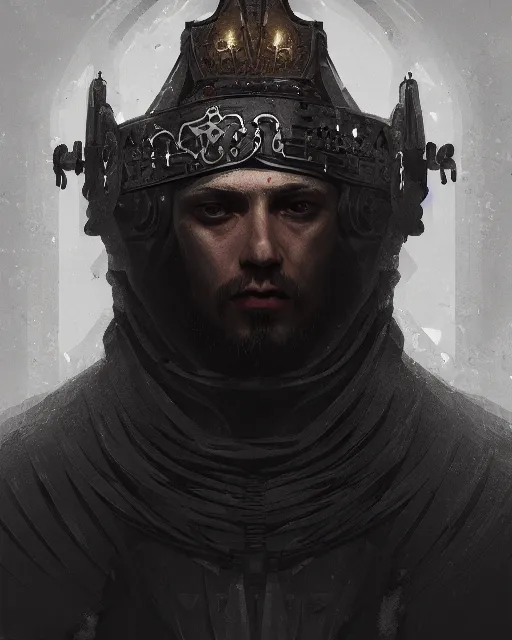 Prompt: a portrait of a medieval king, cyberpunk, grim - lighting, high - contrast, intricate, elegant, highly detailed, digital painting, artstation, concept art, smooth, sharp focus, illustration