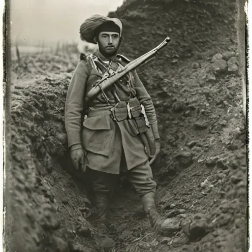 Image similar to Kurdish soldier, ww1 trench, war photo, film grain, award winning photo