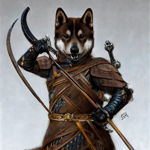 Prompt: anthropomorphic shiba inu, holding medieval bow and aiming directly to camera, medieval armor, dark aura, fantasy, dark graveyard scene, portrait art by donato giancola and greg rutkowski, realistic face, digital art, trending on artstation, symmetry