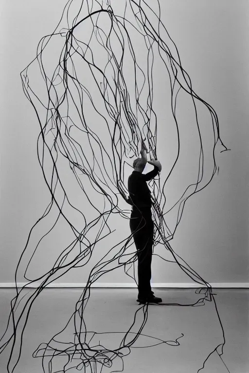 Image similar to a minimalist portrait of Marcel Duchamp holding computer cables in the style of Annie Leibovitz, Irving Penn, Hito Steyerl, Shinya Tsukamoto, Saâdane Afif, Alfredo Jaar line drawing and 35mm film, wide angle, monochrome, futuristic tetsuo