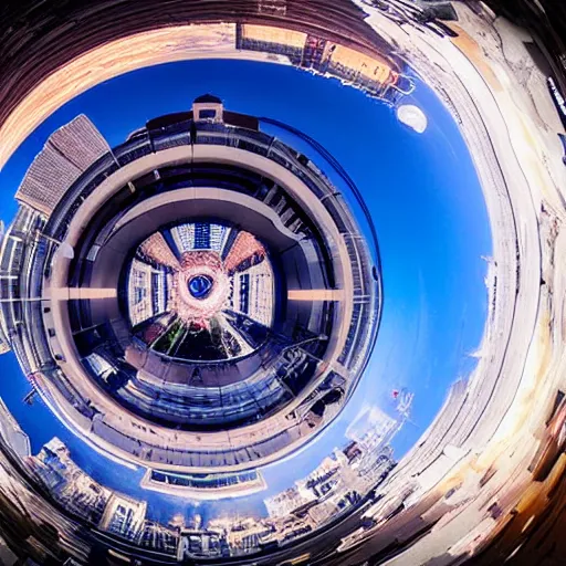 Image similar to city in space, art deco, fisheye lens