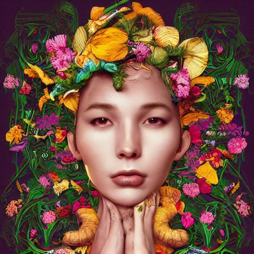 Image similar to the portrait of an absurdly beautiful, graceful, and elegant woman made of bananas and petals, an ultrafine detailed illustration by kim jung gi, irakli nadar, intricate linework, bright colors, final fantasy, behance contest winner, angular, unreal engine 5 highly rendered, global illumination, radiant light, detailed and intricate environment