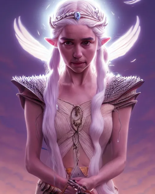 Image similar to highly detailed surreal vfx portrait of daenerys targaryen as princess zelda, stephen bliss, unreal engine, greg rutkowski, loish, rhads, beeple, makoto shinkai and lois van baarle, ilya kuvshinov, rossdraws, tom bagshaw, alphonse mucha, global illumination, detailed and intricate environment