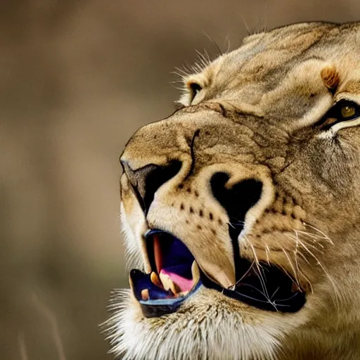 Prompt: a lioness, looking intensely at the camera, licking her mouth, 4 k, nature photograph