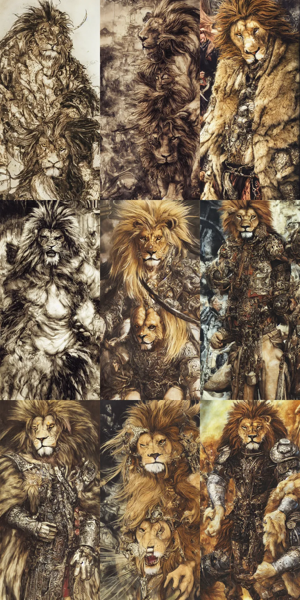 Image similar to 8 k yoshitaka amano painting of upper body of a young cool looking lion beastman with white mane at a medieval market at windy day. depth of field. he is wearing complex fantasy clothing. he has huge paws. renaissance style lighting.