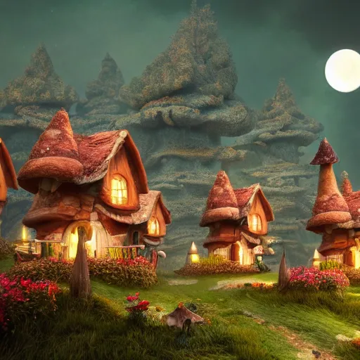 Image similar to mushroom houses with gnomes working the gardens, fantasy, epic landscape, black forest region, cinematic, octane render, art station, dramatic lighting, beautiful moonlight night, concept art, rococo, photorealistic, intense detail, 8 k
