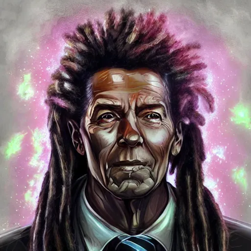 Image similar to portrait of ronald reagan with dreadlocks, cyberpunk setting, futuristic, highly detailed, intricate lighting, digital painting, sharp focus, illustration, trending on artstation, art by magali villenueve.