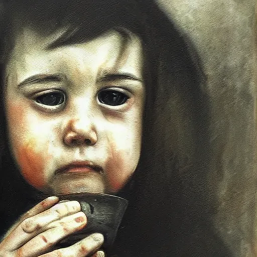 Prompt: A crying girl holding a picture of her late mother in her hands, portrait, bleak atmosphere, distant memories