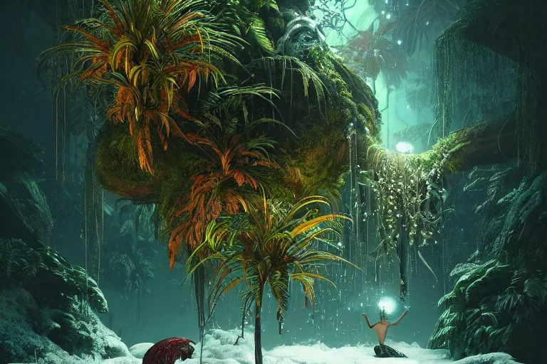 Image similar to creature in a lush tropical vegetation, snow snow, water reflection, night, backlit : : by michal karcz, daniel merriam, victo ngai and guillermo del toro : : ornate, dynamic, particulate, intricate, elegant, highly detailed, centered, artstation, smooth, sharp focus, octane render, 3 d