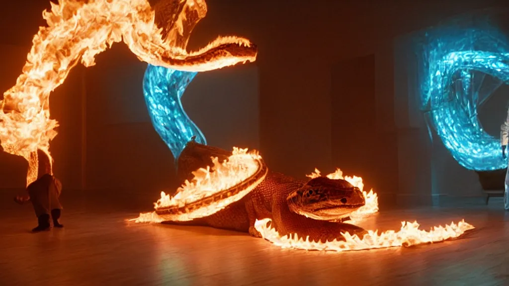 Prompt: a giant Snake made of fire and ice floats through the living room, film still from the movie directed by Denis Villeneuve with art direction by Salvador Dalí, wide lens