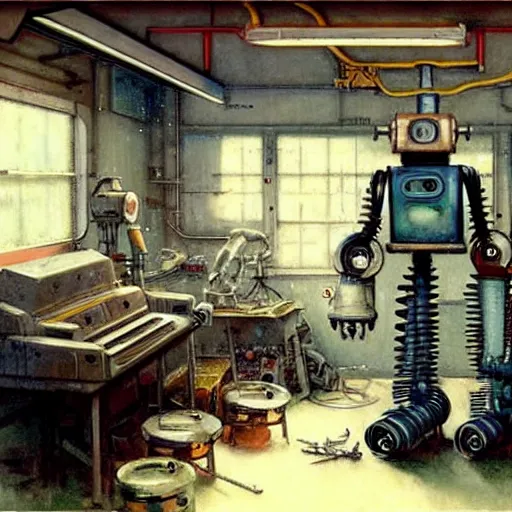 Prompt: ( ( ( ( ( 1 9 5 0 s retro boy inventors science fiction cluttered robot mechanics shop interior scene. muted colors. ) ) ) ) ) by jean - baptiste monge!!!!!!!!!!!!!!!!!!!!!!!!!!!!!!